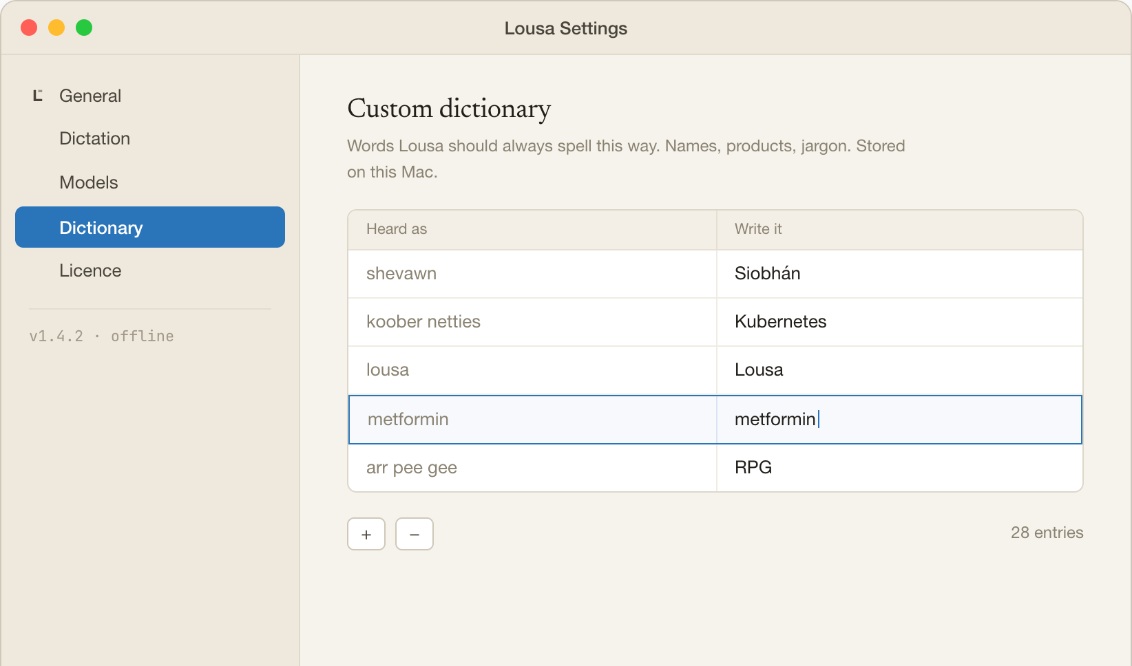 Lousa Settings, custom dictionary: a table mapping what was heard to how it should be written.