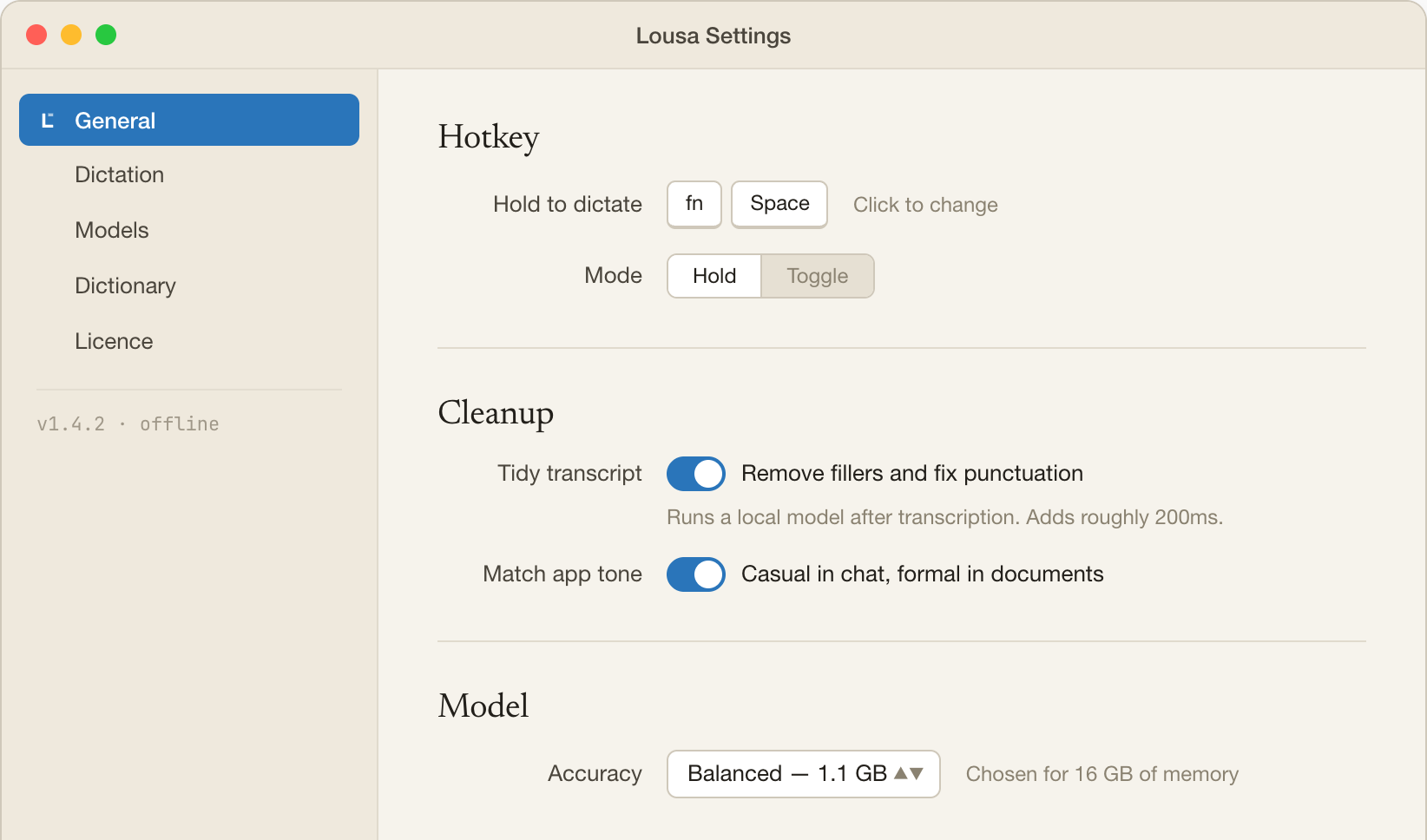 Lousa Settings, General pane: hotkey, cleanup toggles, and the automatically chosen model.